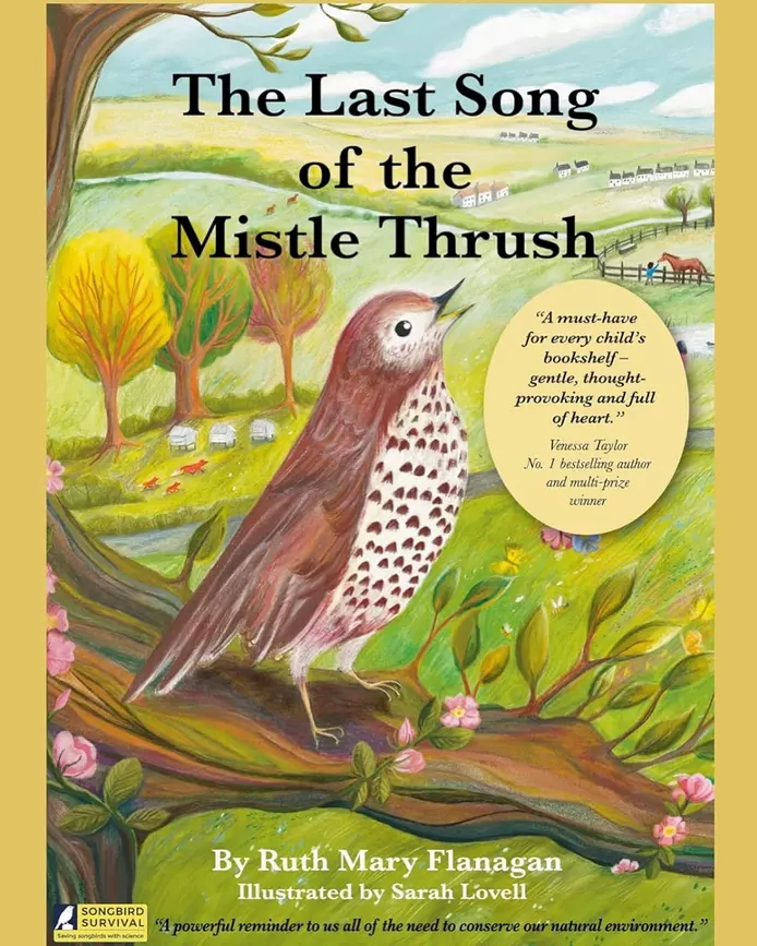 An illustration of a mistle thrush bird, singing on the branch of a tree. This is a book cover illustration 